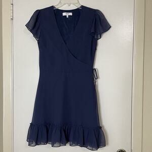 LIKELY Navy blue wrap chiffon vneck ruffle hem flutter dress size US 4